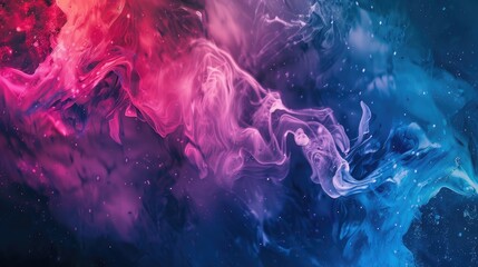 Swirling clouds of vibrant pink, red, and blue hues blend and diffuse in a dark, speckled background, creating a cosmic, ethereal effect