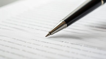 A close-up of a silver pen resting on blank, printed paper, suggesting themes of writing, documentation, or business communication.
