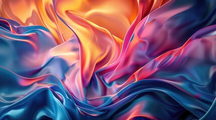 Swirling, iridescent fabric in shades of deep blue, vibrant pink, and warm gold, creating a dynamic, abstract composition