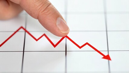 A finger points to a declining red graph line on a white grid, symbolizing a decrease in performance or financial downturn.