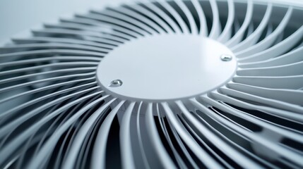 Closeup view of a white fan motor with radial blades, showcasing the intricate mechanical design and symmetry