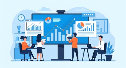 Flat vector illustration of a business team analyzing financial growth on a large screen, modern office setting, charts and graphs, teamwork concept, minimal clean layout, blue and orange color scheme