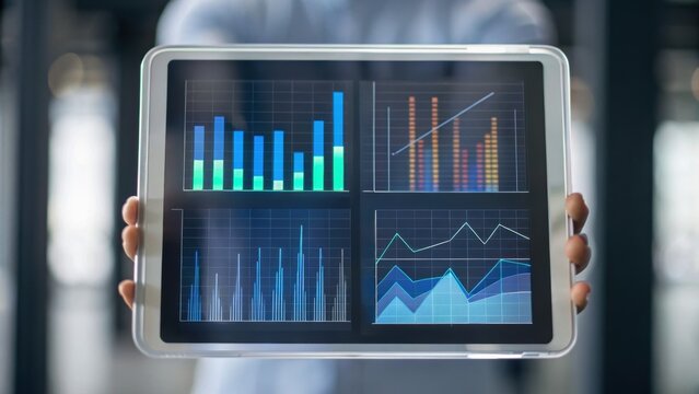 A person holds a tablet displaying various data visualizations, including bar graphs and line charts, in a modern setting.