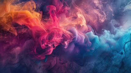 Obraz premium Swirling, vibrant clouds of orange, pink, red, and blue smoke or ink blend and diffuse in a dark background, creating an abstract, ethereal effect