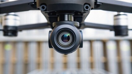Close-up of a drone camera lens with blurred background, emphasizing technology and modern photography equipment.