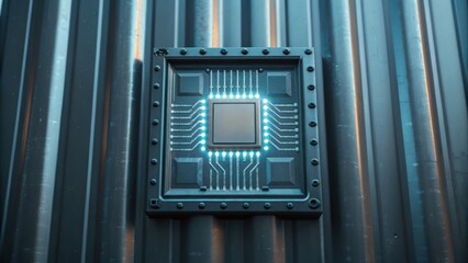 Futuristic microchip design set against a metallic surface, showcasing intricate circuitry and a sleek, technological aesthetic.
