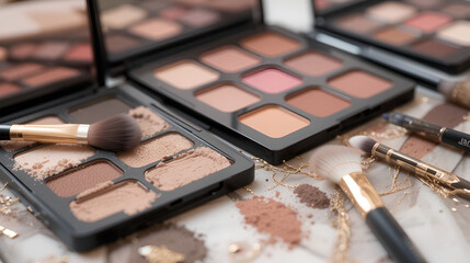 Close-up of assorted makeup palettes and brushes arranged on a stylish surface