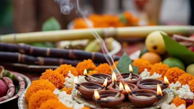 Chhath puja celebrations with vibrant diwali display, diyas, flowers, and fruits create a festive atmosphere suitable for holiday marketing materials.