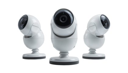 Three Modern White Round Security Cameras in Studio Setting Isolated on Transparent Background