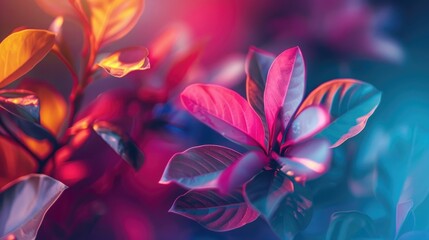 Obraz premium Vibrant close-up of tropical foliage bathed in neon pink, orange, and blue light; showcasing the intricate leaf textures and veins