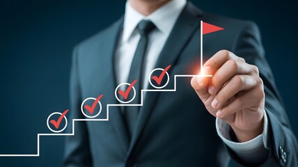 Business success and goal achievement steps. Businessman drawing checkmarks on virtual staircase steps toward achieving goals, ending with red flag as success marker. Planning, progress, goal setting