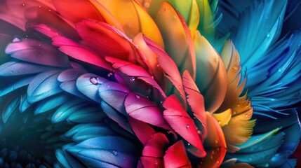 Vibrant, iridescent bird feathers, close-up, showcasing a spectrum of colors and water droplets