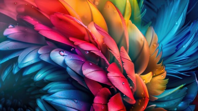 Vibrant, iridescent bird feathers, close-up, showcasing a spectrum of colors and water droplets