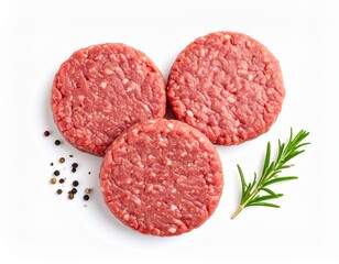 Three raw ground beef patties with black peppercorns and fresh rosemary sprig on white background, close-up, top view, high detail, food preparation