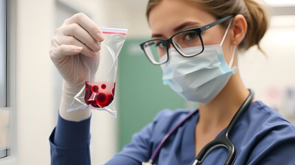 A nurse examines a plastic bag with blood plasma at center for transfusiology and hematology
