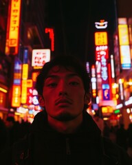 Fototapeta premium Man in urban street lit by neon signs