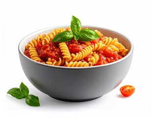 Delicious cooked pasta pasta salad with tomato sauce in a white bowl garnished with fresh basil leaves and cherry tomato on clean white background