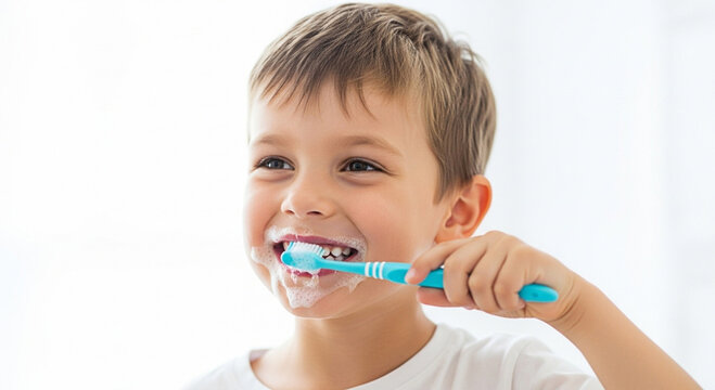 Young boy happily brushing his teeth with a blue toothbrush and toothpaste