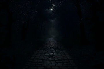 Fototapeta premium Solitary Cobblestone Path Winding Through a Deeply Dark Forest