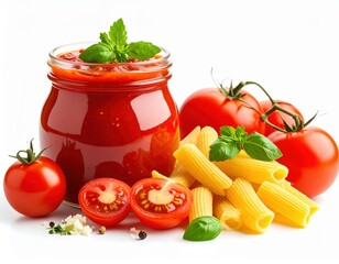 Fresh homemade tomato sauce in glass jar with ripe tomatoes and pasta ingredients including cherry tomatoes, basil leaves, and pasta on white background