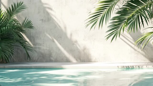 A serene poolside scene with palm leaves casting shadows on a concrete wall. Captured from a low angle, perfect for a relaxing summer video backdrop. Live desktop wallpaper.