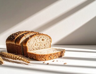 Freshly baked sliced bread with a soft interior and crispy crust placed on a stylish surface with shadows and wheat for healthy breakfast or snack