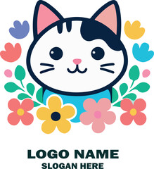 Flower Cat head logo vector white background .