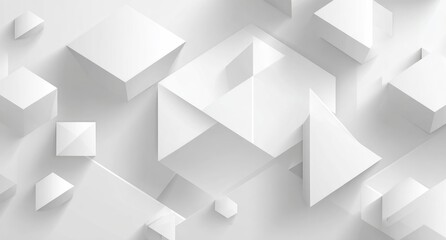 Obraz premium Abstract composition of interlocking white cubes, triangles, and squares on a white background, creating a three-dimensional, geometric pattern with subtle shadows