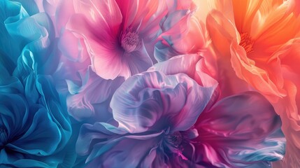 Vibrant, surreal close-up of pastel-hued flowers, showcasing soft, flowing petals in a gradient of blues, pinks, and oranges