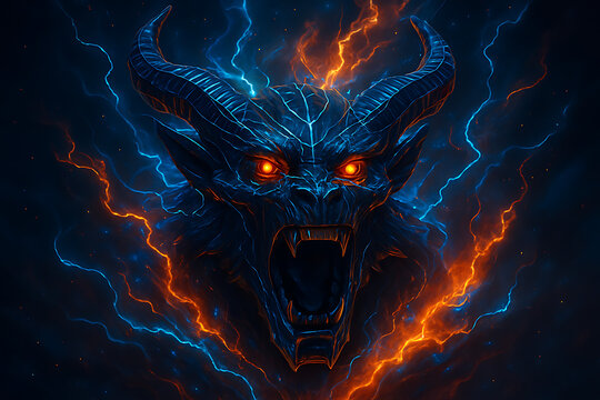Fantasy demon with glowing red eyes and lightning bolts surrounding head in dark supernatural environment showcasing rage power and mythical creature energy theme