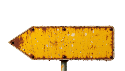 Weathered Yellow Directional Arrow Sign Pointing Left with Rectangular Shape and Arrowhead Isolated on Transparent Background