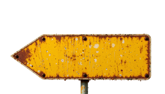 Weathered Yellow Directional Arrow Sign Pointing Left with Rectangular Shape and Arrowhead Isolated on Transparent Background - Powered by Adobe