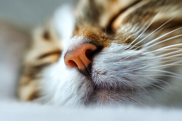 Close-up of a sleeping cat’s nose with detailed fur and whiskers.