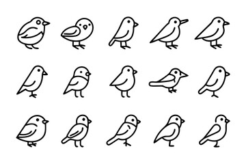 Whimsical Collection of Birds: A delightful array of cartoon birds, each rendered with clean lines and charming details, forms a visually appealing set. Perfect for illustrations and designs.