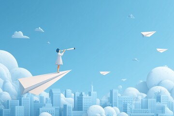 Girl standing on paper airplane holding telescope above city in blue sky.