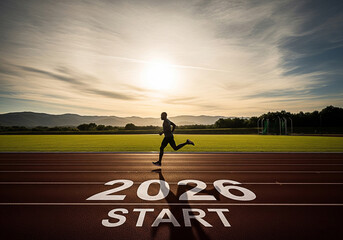 Runner starting a race on a track with the year 2026 painted on the ground