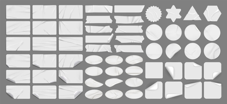 White adhesive paper sticker label, tag and plastic tape collection with peeling corner and shadow. Sticky note, torn pvc, crumpled paper strip or cellophane sheet mockup with wrinkle overlay texture.