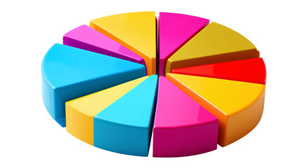 Obraz premium 3D Colorful Pie Chart with Glossy Separated Segments in Cyan, Yellow, Magenta, Pink, and Red Isolated on Transparent Background