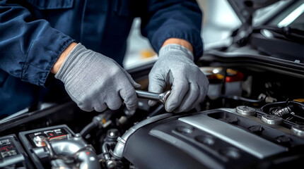 Fototapeta premium Professional mechanic working on the engine of the car in the garage. Car repair service. automobile mechanic wearing a navy blue uniform and protective gloves