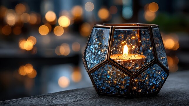 Geometric jar with lit candle and bokeh illumination, symbolizing mindfulness on black background for text area, ideal for meditation resources or mental health content.