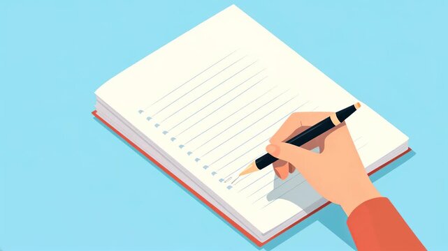 Illustration of a hand writing in a notebook from a top-down angle. The style is clean and minimal, ideal for educational video content. Live desktop wallpaper.