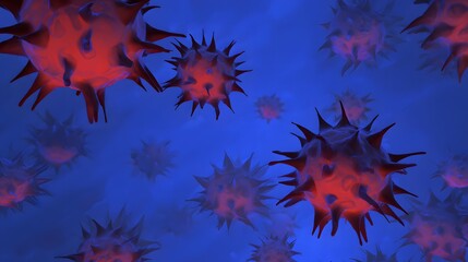 Spiky microscopic entities against a deep blue background.