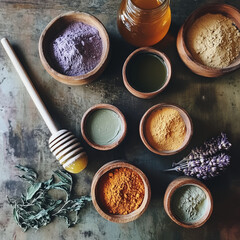 An Ayurveda-inspired skincare setup with natural colors. 