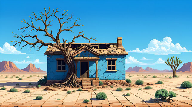 Pixel Art Depiction of a Dilapidated House and Tree in a Cracked Arid Landscape Under a Bright Blue Sky - Powered by Adobe