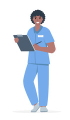 Doctor or nurse male character with tablet. Hospital or clinic worker wearing uniform. Medical consultation concept. Vector illustration on white background.