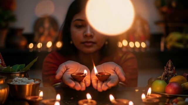 Chhath puja Indian woman with diyas and offerings, celebrating Diwali triumph. Perfect for festive cultural designs and holiday themed graphics.