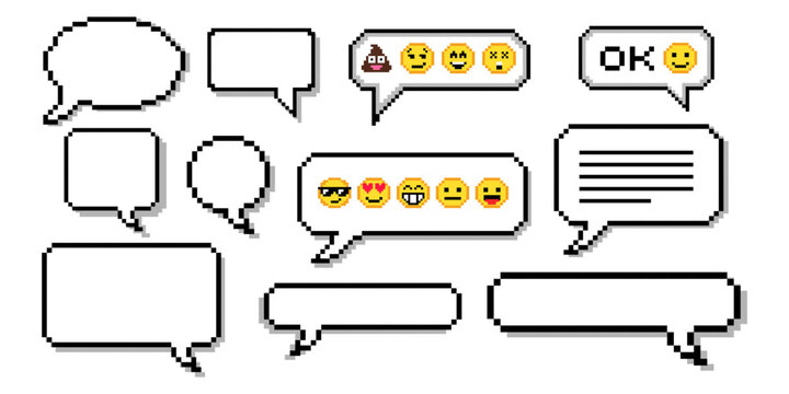 Set of pixel dialogue boxes different shapes. Chat speech bubbles, flash message frames with text or empty dialog communication box in 8 bit retro style.