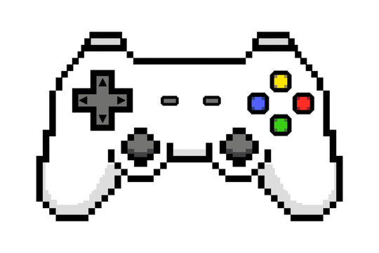 Pixel gamepad or joystick. Pixelated game controller icon with buttons and sticks. Pixel art video game joypad. Vector illustration.