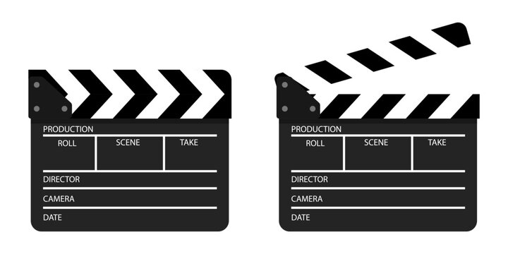 Clapper board vector icon set. Opened and closed movie clapper film clap board. Movie, cinema, film symbol concept. Director clapboard. Filmmaking, video production industry equipment.