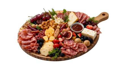 Charcuterie Board on Wooden Platter with Cured Meats, Cheeses, Fruits, and Spreads – Isolated on Transparent Background